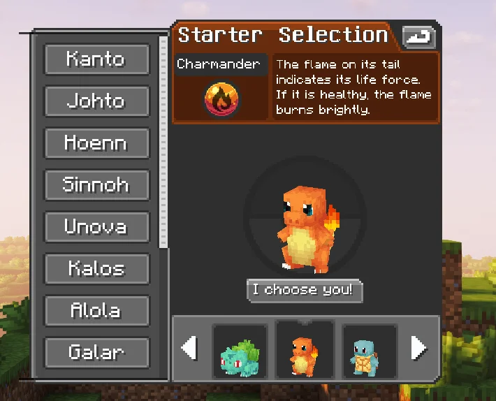 Choose a Starter Deliberately - Upper starter-category list with Kanto through Galar and the Kanto trio visible