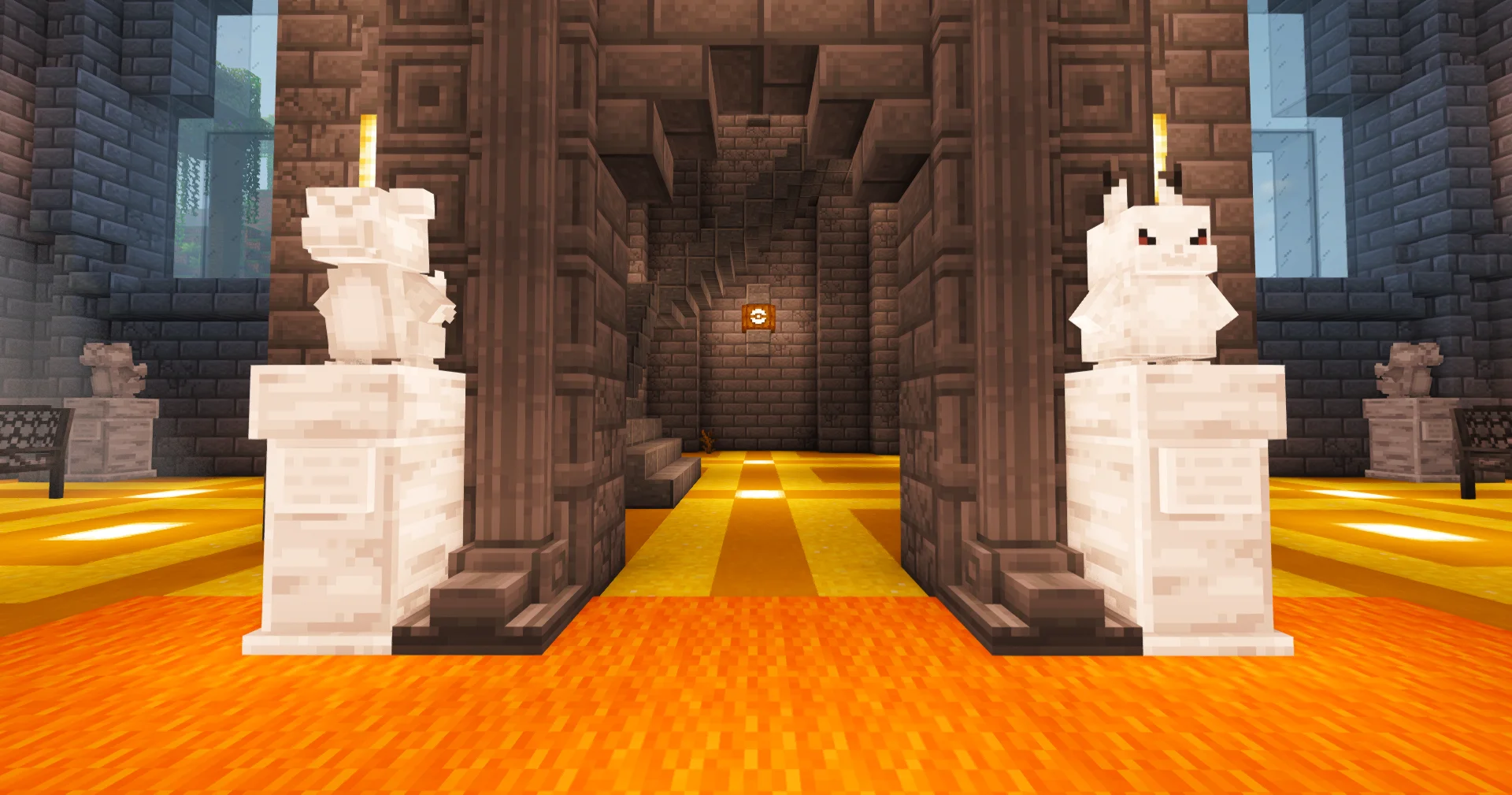 Aaron - statue-lined stairs leading toward Aaron's wing