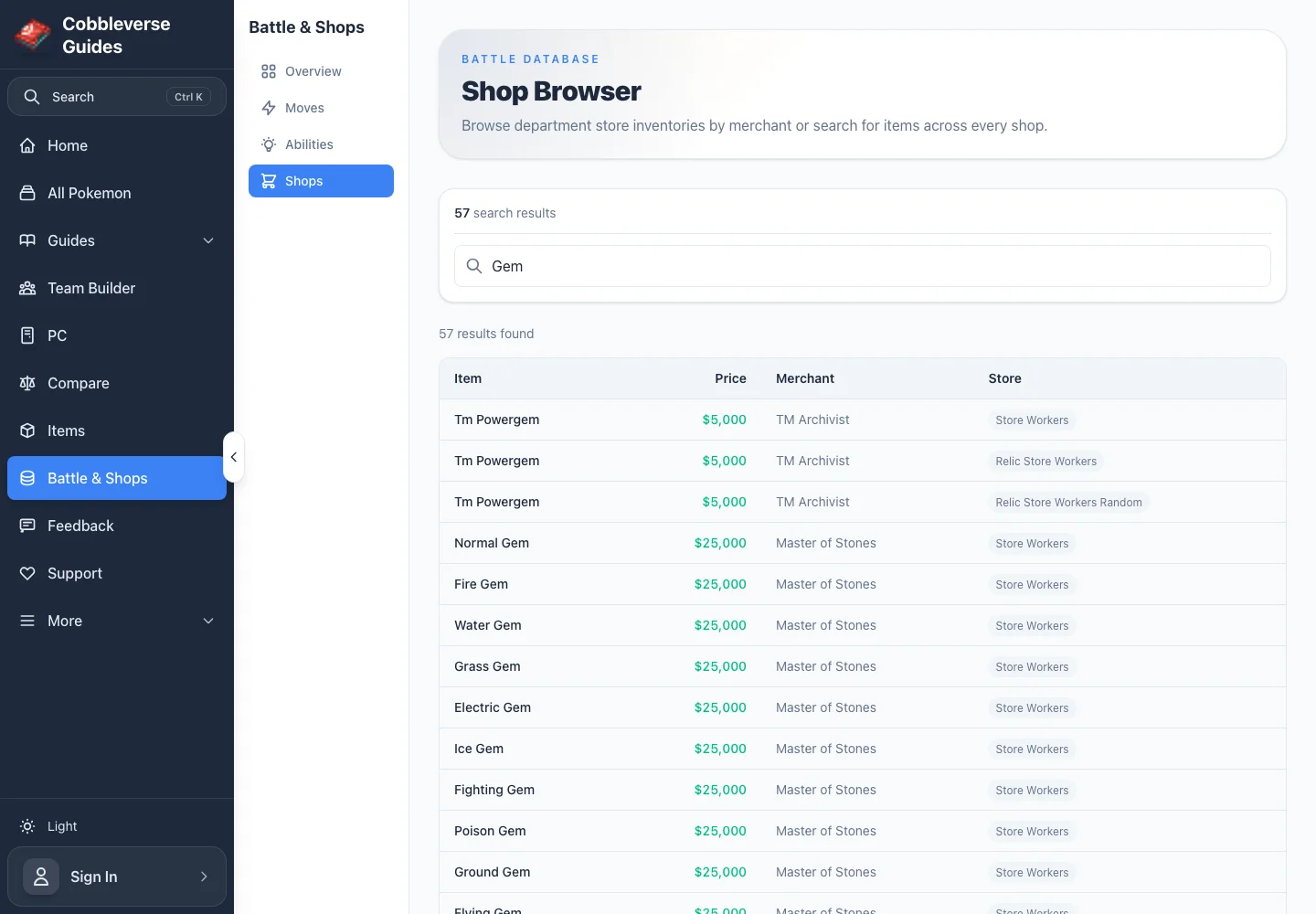 Search the Live Shop Data - Shop Browser filtered to Gem with generated item, price, merchant, and store columns