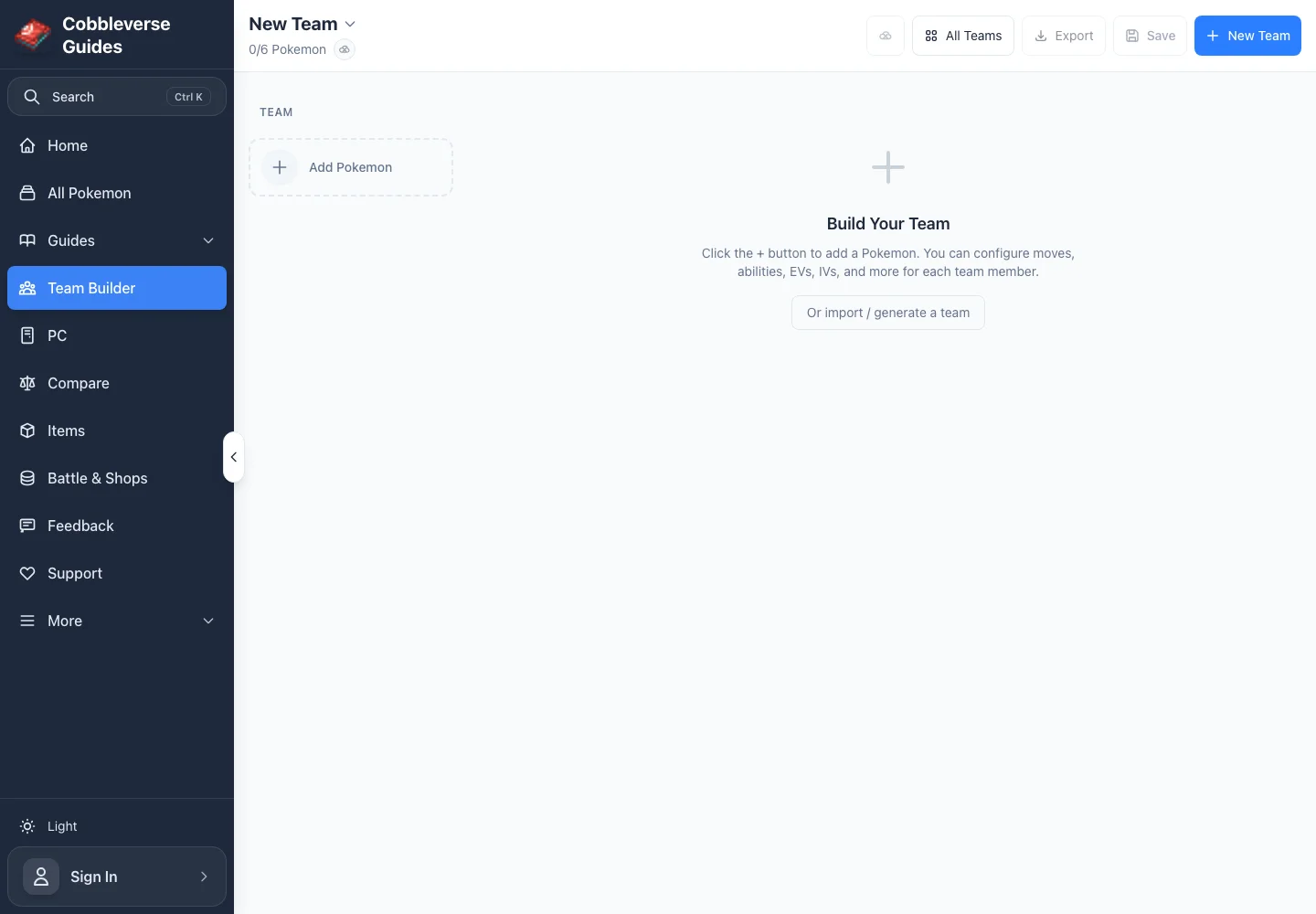 Check Type Coverage and Role Balance - Empty Team Builder showing six available slots and configuration for moves, abilities, EVs, IVs, and more
