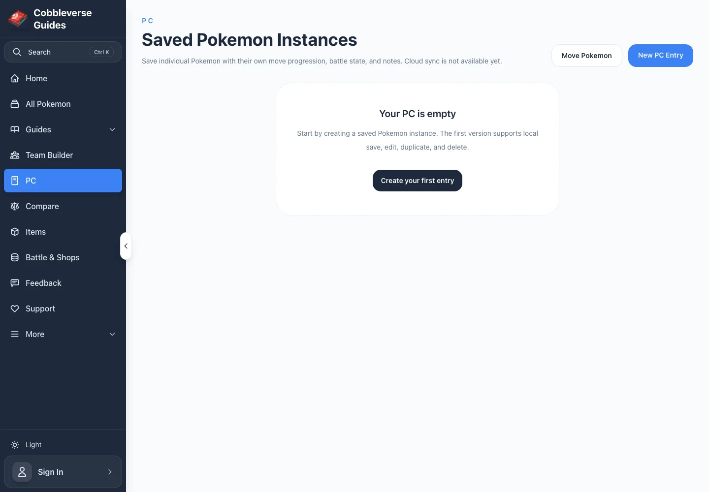 Preserve an Individual Pokémon in PC - Empty privacy-safe PC showing local saved-instance behavior and the unavailable cloud-sync notice