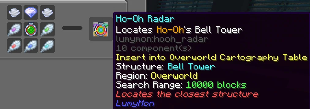 1.7: Map Radar and Locator Systems - Ho-Oh Radar recipe and tooltip demonstrating the target, dimension, cartography table, and closest-structure search information