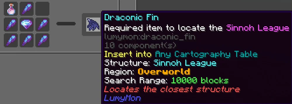 Aaron - Draconic Fin recipe and Sinnoh League locator tooltip